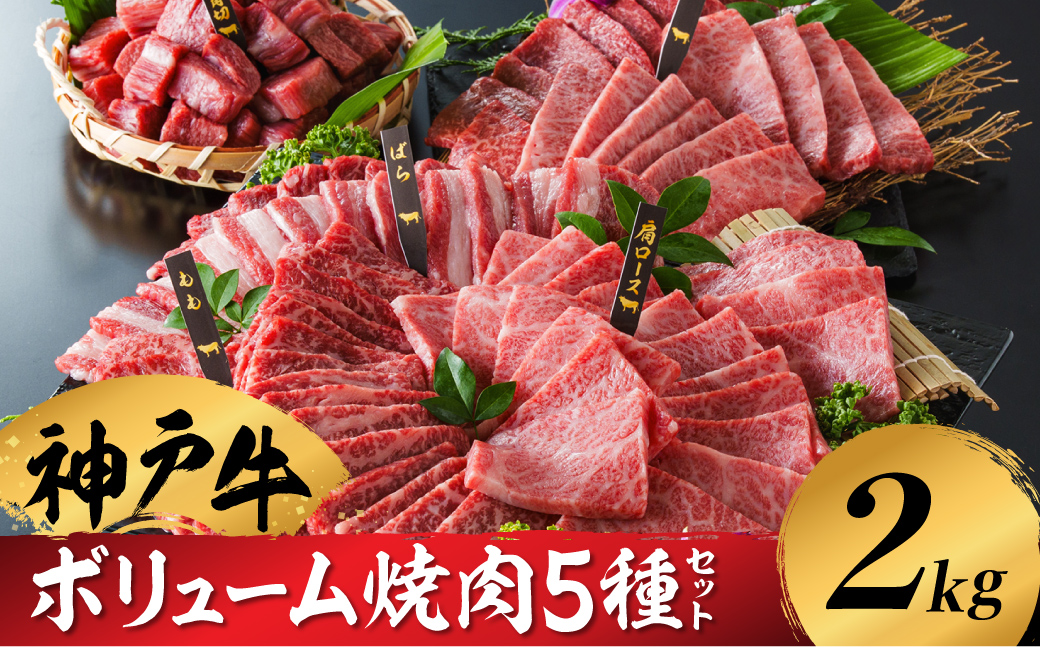 神戸牛 ボリューム焼肉セット 肩ロース 肩 モモ バラ 赤身角切り 2kg / 焼肉 食べ比べ 牛肉 小分け (200g×5種×2パック) 密着包装 赤身 霜降り国産牛 焼肉セット 焼き肉 冷凍 国産牛 ブランド牛 黒毛和牛 神戸ビーフ 化粧箱入り ギフト【帝神志方ミート】/翌々月にお届け