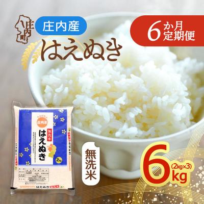 ふるさと納税 庄内町 【定期便】<令和8年産>はえぬき 無洗米 2kg×3袋×6ヶ月 毎月 6kg【11月中旬発送】