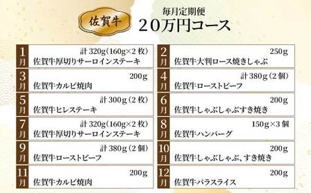 佐賀牛20万円毎月定期便 ／ ふるさと納税 国産 佐賀牛 牛肉 サーロイン ステーキ ロース カルビ 焼肉 ローストビーフ ハンバーグ しゃぶしゃぶ すき焼き