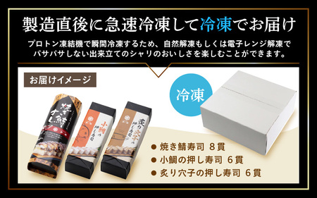 押し寿司セット(焼き鯖寿司、小鯛の押し寿司、炙り穴子の押し寿司) 3種20貫入《大人気返礼品！》／ 越前名物 おすし 押し寿司 鯖 鯛 穴子 食べ比べ カット済 取り分け お手軽 あわら [aw050