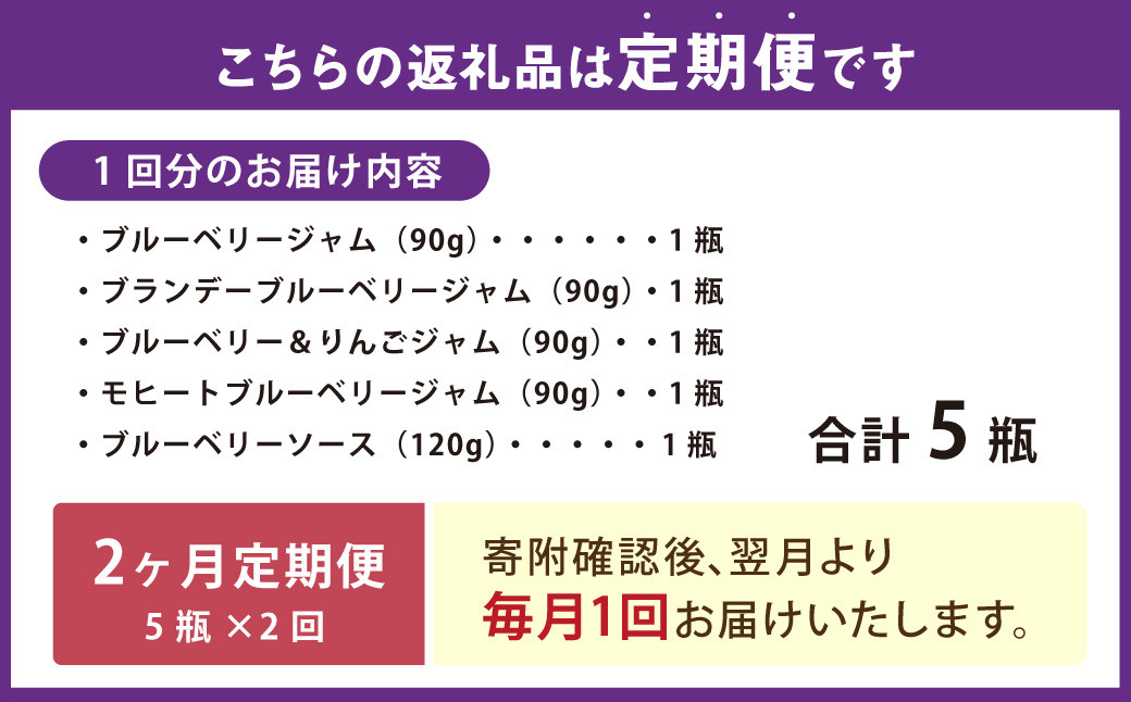 【2ヶ月定期便】きび糖仕込みのブルーベリージャム 5種セット