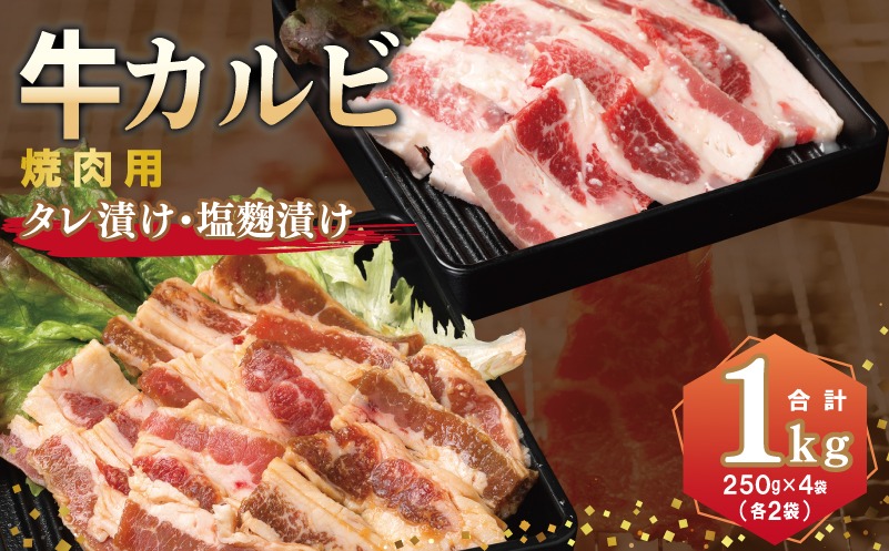 010B1669 牛カルビ 焼肉用 タレ漬け+塩麹漬け 合計1kg（250g×各2袋） 【味付け 小分け 焼くだけ 簡単調理 BBQ 牛肉 250g×4袋】