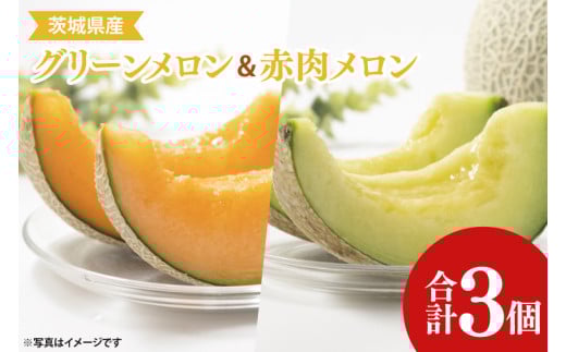 【先行予約】【6月下旬～7月中旬まで発送】茨城県阿見町産メロン３玉（青肉２玉・赤肉1玉）【グリーンメロン 果肉 濃厚 オレンジ色 上品な甘み】(21-02-1)