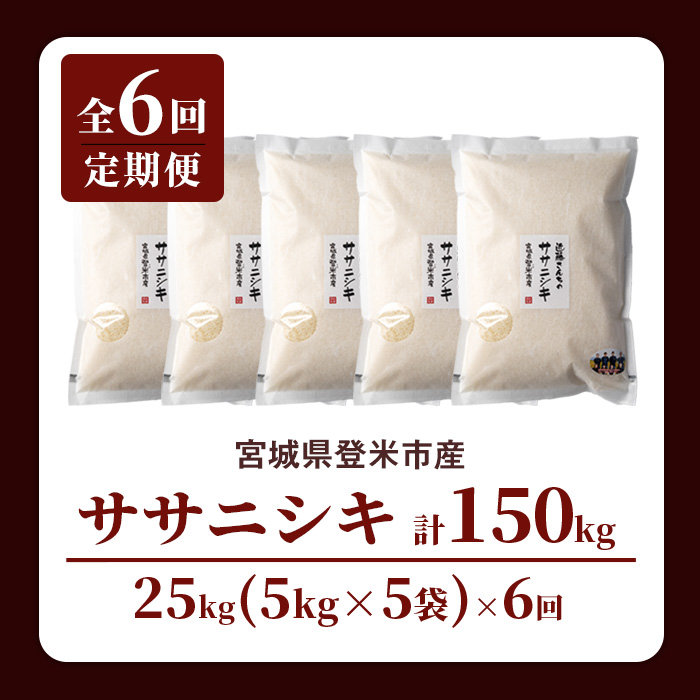 【6回定期便】≪令和7年産≫ ササニシキ 精米 計150kg(25kg×6回) 宮城県登米市産 お米 おこめ 米 コメ 白米 ご飯 ごはん おにぎり お弁当 6か月 頒布会【株式会社近藤農産】tm51