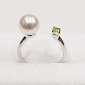 S085-461_あこや真珠 リング 7.5mm - 8mm ホワイトピンク ペリドット 真珠 