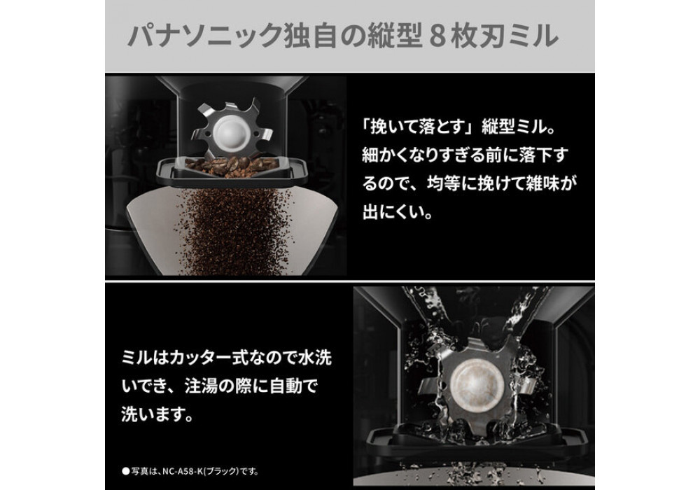 パナソニック コーヒーメーカー 全自動 ミル付き 沸騰浄水機能 デカフェ豆コース搭載 NC-A58-W ホワイト | Panasonic コンパクト 煮詰まり軽減　白