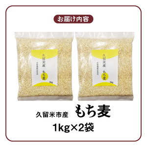 久留米市産もち麦（1kg×2）_久留米市産 もち麦 1kg × 2 九州産 くすもち二条 食物繊維 豊富 満腹感 豊富な栄養素 タンパク質 ビタミン ミネラル 免疫向上 もちもち食感 水洗い不要 吸水