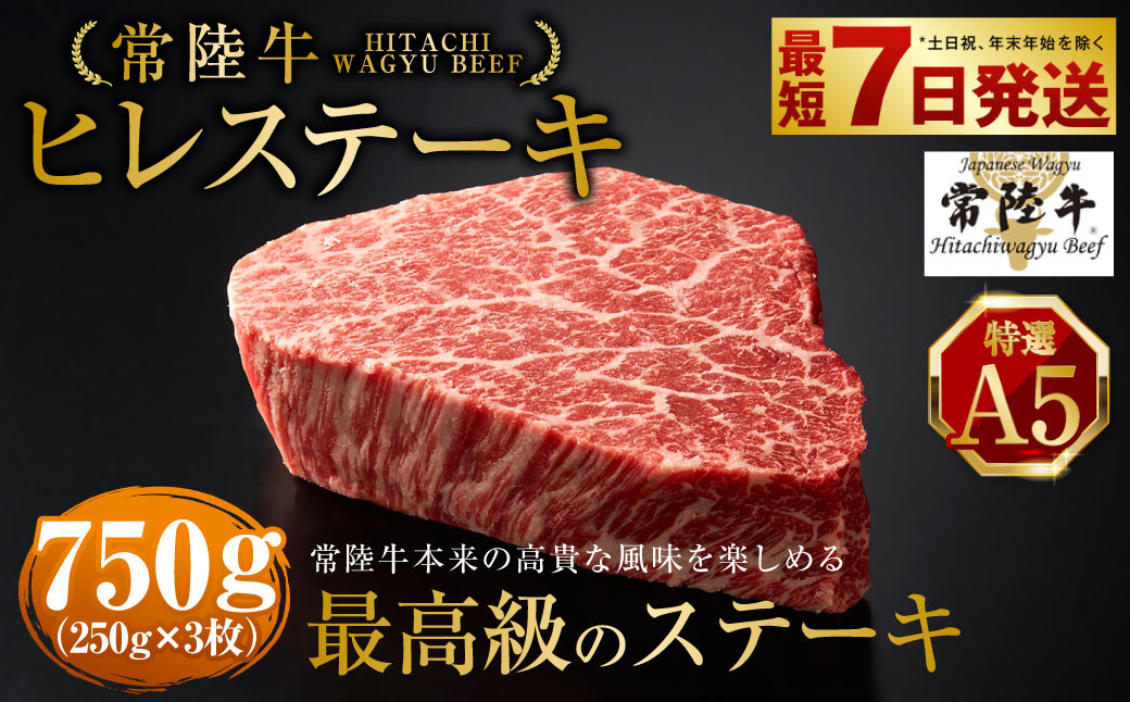 
【常陸牛特選A5】ヒレステーキ250g×3枚
