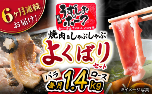【6回定期便 】長崎うずしおポーク 焼肉 ＆ しゃぶしゃぶ セット 1.4kg 訳あり ＜スーパーウエスト＞ [CAG096]豚肉 豚 焼き肉用 焼肉用 しゃぶしゃぶ 豚スライス ロース バラ 