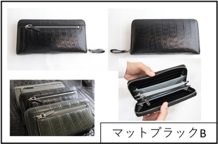 クロコラウンドファスナー カルムウォレット【Matte/マット】＜マットブラックB＞/長財布 革 クロコダイル [1413]