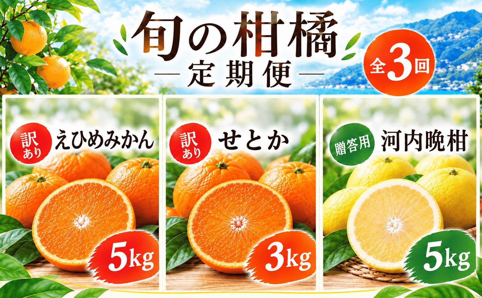
                  【先行予約】旬の柑橘定期便3回 訳ありえひめみかん（温州みかん）5kg 訳ありせとか 3kg 贈答用河内晩柑 5kg   吉田農園  サイズミックス  人気 ブランド プレミアム 柑橘 果物 フルーツ 期間限定 産地直送 国産 農家直送 わけあり 特産品 お取り寄せ mikan 蜜柑 ミカン オレンジ  ビタミン 甘い おいしい  不揃い 吉田農園 愛南町 愛媛県
                