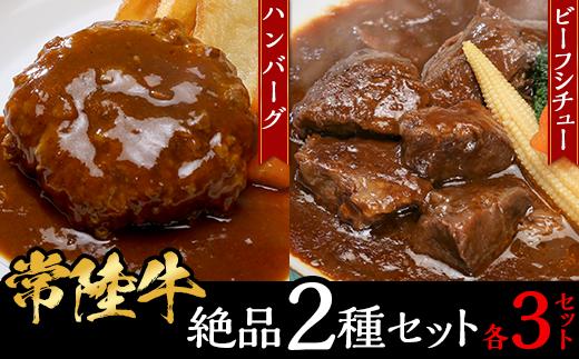 【常陸牛】絶品2種セット（ハンバーグ・ビーフシチュー各3セット）【 牛 牛肉 和牛 黒毛和牛 はんばーぐ 小分け デミグラスソース 】