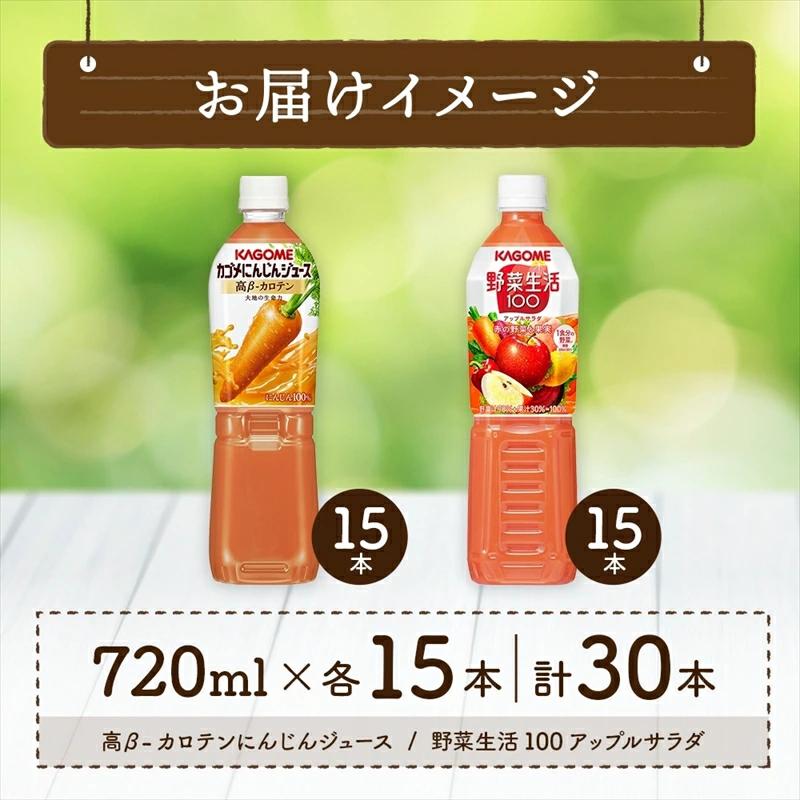 カゴメ 高β-カロテン にんじんジュース 野菜生活100 アップルサラダ 720ml PET 2種 各15本 計30本 ns039-003