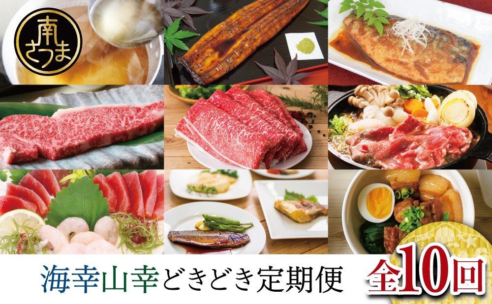 
海幸山幸どきどき 定期便（全10回）お肉 お魚 黒豚 牛肉 すき焼き ステーキ 角煮 鰻 蒲焼 刺身用たかえび マグロ 出汁 鰹節 鹿児島黒牛 生姜焼き おかず 煮魚 定期配送
