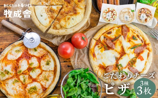 【3回定期便】自家製チーズたっぷりピザ3枚セット(直径24cm) 牧成舎 チーズ ピザ 直径24cm 冷凍 人気 マルゲリータ 洋風トマト 和風山椒 パーティー クリスマス ギフト 贈答  [Q1642x] HIDAミルクプロジェクト