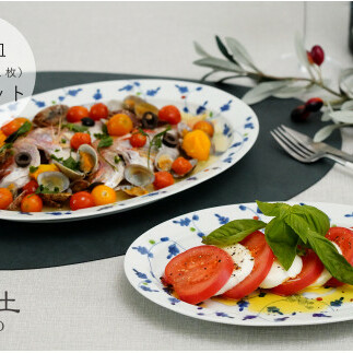 有田焼 唐草うさぎリム楕円皿/大・小セット【藍土】 A55-60