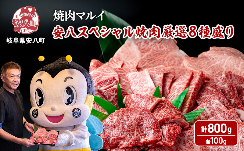 安八スペシャル 焼肉 厳選 8種盛り（トモサンカク、カイノミ、ササニク、三角バラ、ミスジ、ハネシタ、ヒレ、ロース）約800g（各約100g）A4～A5等級使用 肉 牛 牛肉 お肉 国産 和牛 国産牛 BBQ 冷蔵 お取り寄せ 送料無料 焼肉マルイ 岐阜県 安八町