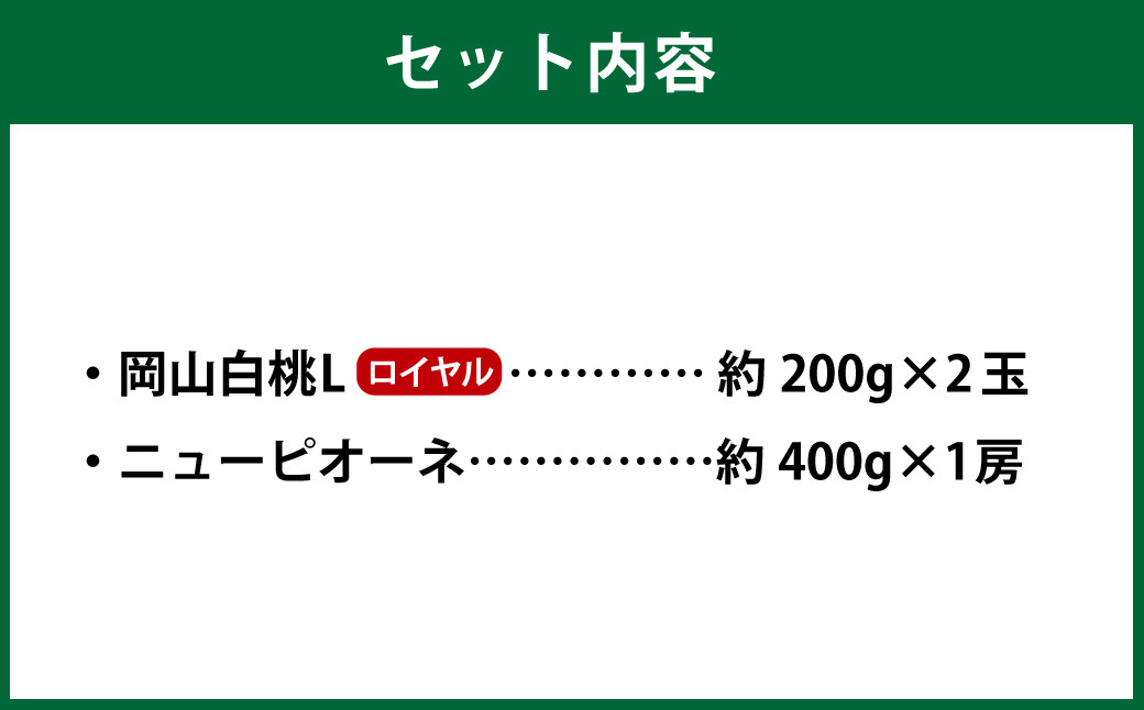 岡山県産 岡山白桃 ロイヤル Lサイズ 約200g×2玉・ニューピオーネ 約400g×1房 詰合せ