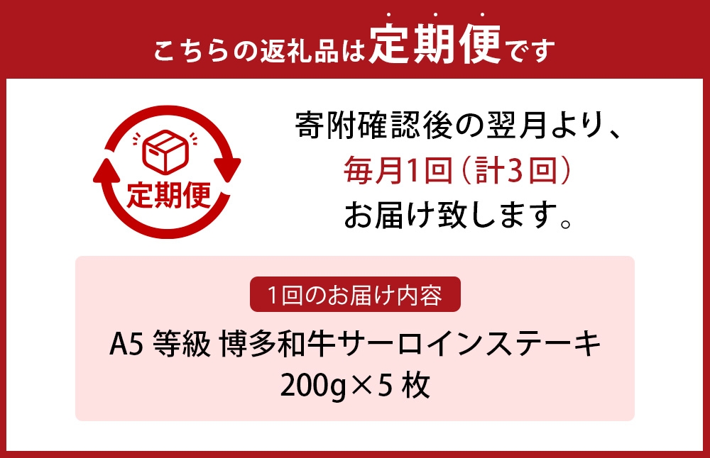 【 3ヶ月定期便 】 A5等級博多和牛サーロインステーキ200g×5枚