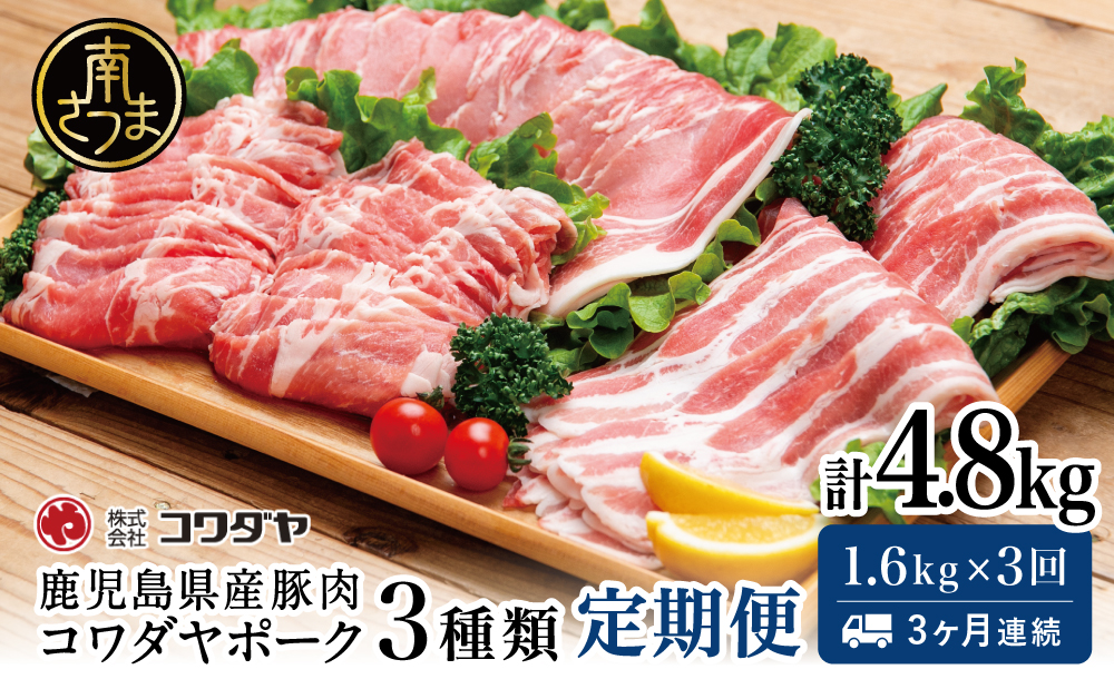 【定期便：3ヶ月連続】鹿児島産 豚肉3種類セット 1.6kg×3回（合計4.8kg） 豚肉 豚しゃぶ しゃぶしゃぶ ロース バラ スライス うす切り肉 薄切り 鍋 国産 鹿児島県産 コワダヤ