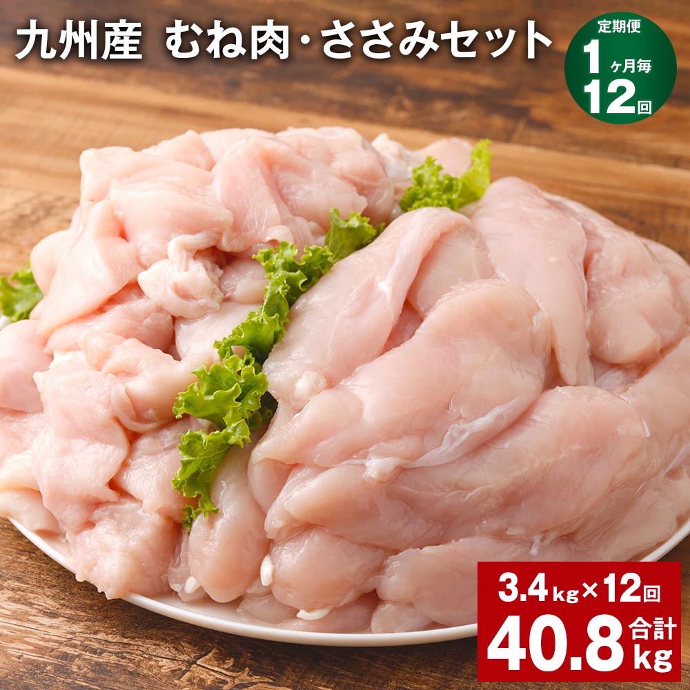 【ふるさと納税】【定期便】【1ヶ月毎12回】九州産 むね肉（600g×3袋）・ささみ（400g×4袋）セット 計40.8kg（3.4kg×12回） 鶏肉 お肉 ムネ肉 2種類 小分け 冷凍 詰め合わせ 九州産 国産 熊本県 菊池市 送料無料《お申し込みの翌月から出荷》
