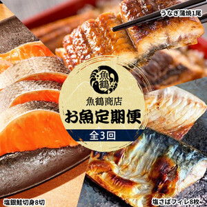 【毎月定期便】魚鶴商店が選ぶ人気お魚D(サバフィレ・うなぎ蒲焼・銀鮭切身)全3回【配送不可地域：離島】【4001347】