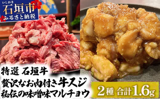 特選石垣牛の牛スジと秘伝の味噌味マルチョウをご家庭で！！牛スジ500g×2、味噌味マルチョウ300ｇ×2のセット | 沖縄 石垣 牛スジ マルチョウ ホルモン 牛 肉 特選 黒毛 和牛 贅沢 秘伝 ミソ 味噌 家庭用 | IM-27