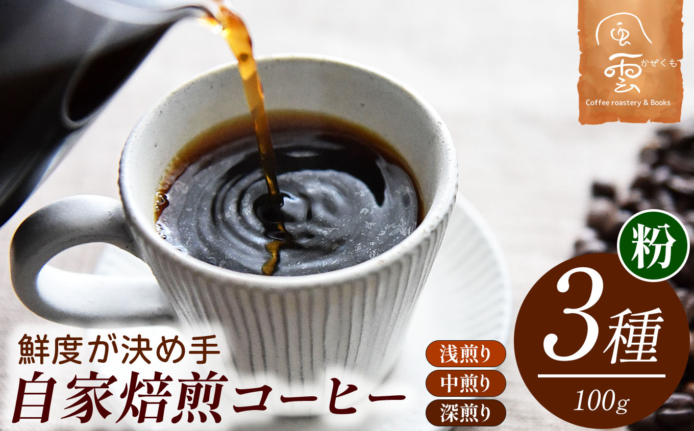 鮮度が決め手 自家焙煎 コーヒー 粉 100g×3種　（産地はお任せ　浅煎り・中煎り・深煎りの3種類）【017-38】