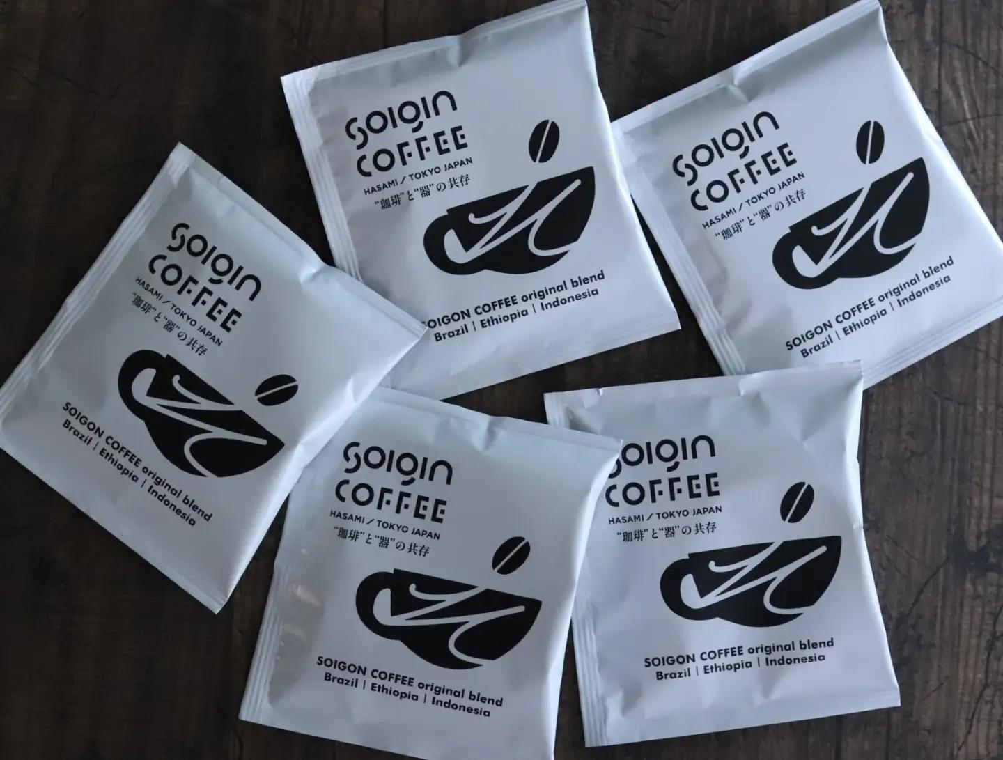 【波佐見焼】SOIGIN COFFEE　ロゴ入りスタッキングマグカップ（ブラウン）＋ドリップバッグ5個