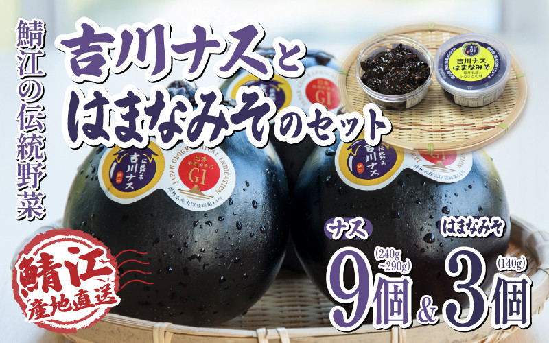 
            【先行予約！6月20日以降順次発送予定】期間限定　吉川ナス（中サイズ）9個 &「吉川ナスはまなみそ」3個セット[B-05903] /丸ナス 茄子 なす ナス おかず味噌 お酒のおつまみ 伝統野菜 味噌
          