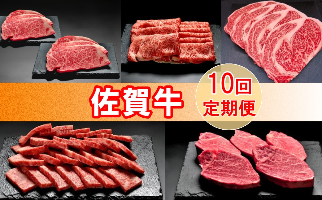 
                  【定期便セット】佐賀牛10回定期便お楽しみ(ステーキ、焼肉、しゃぶしゃぶ全5種×2)コース
(サーロインステーキ 、ロースしゃぶしゃぶ用、リブロースステーキ、ロース焼肉用、フィレステーキ 、)×2回
                