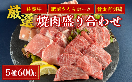 佐賀ざんまい！厳選5種焼肉盛り合わせ600g（2～3人前） 佐賀牛 肩ロース カルビ 肥前さくらポーク 豚バラ 豚ロース 有明骨太鶏 モモ B-1089