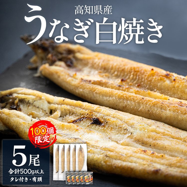 【限定100個】高知県産うなぎの白焼き 100ｇ～120ｇ×5尾 - 国産 鰻 ウナギ 有頭 背開き タレ付き つまみ ご飯のお供 老舗 土佐湾 吉川水産 高知県 香南市 冷凍 yw-0085