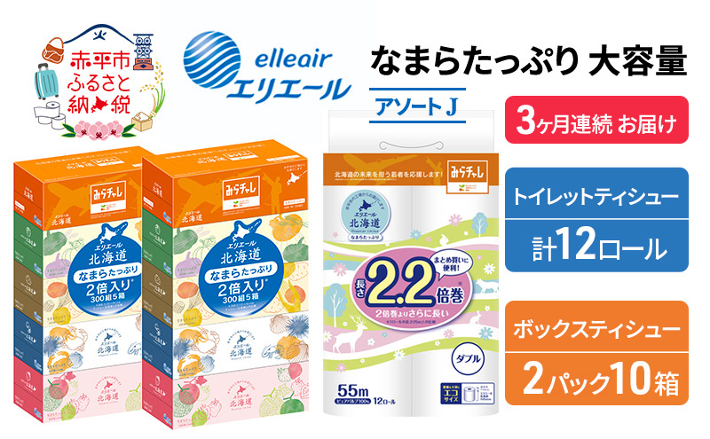定期便 3ヵ月連続お届け エリエール [アソートJ] なまらたっぷり 大容量 トイレットペーパー ティッシュ トイレ ボックスティッシュ 防災 ひとり暮らし 紙 常備品 備蓄品 消耗品 日用品 生活必需品 送料無料 赤平市 やわらかな肌触り 