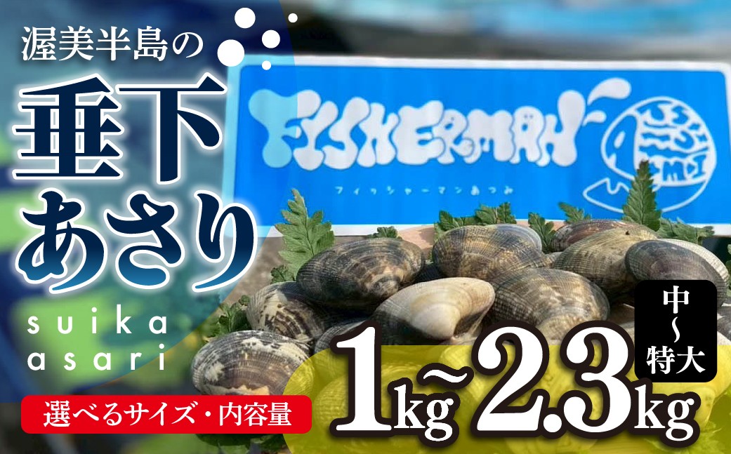 
            【先行予約】どでかい！垂下あさり 1kg ～ 2.3kg 選べる サイズ 内容量 特大 大 中 あさり ブランドあさり 浅利 ダシ 出汁 味噌汁 国産 アサリ 愛知県 田原市 新鮮 砂抜き 海鮮 魚介類 魚介 貝 人気 パスタ などに
          