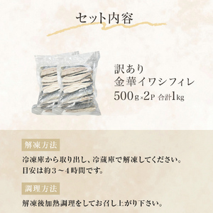 訳あり 金華 イワシ フィレ 1kg ( 500g × 2P ) 宮城県産 いわし 鰯 フィーレ 冷凍 魚 青魚 切身 わけあり 規格外 ご家庭用 国産 鰯フィレ イワシフィーレ 切り身 バラバラ冷凍