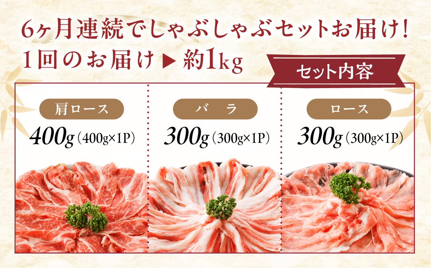 【全6回定期便】「瀬戸のもち豚せと姫」しゃぶしゃぶセット (ロース・肩ロース・バラ) 約1kg   広島県福山市/日本畜産株式会社  豚肉 しゃぶしゃぶ ロース 肩ロース バラ肉 [BAER039]