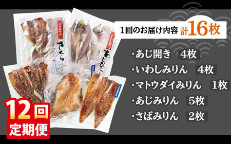 【12回定期便】平戸干物5種 16枚【井吉水産】[KAA275]/ 長崎 平戸 魚介類 魚 干物 開き あじ干物 いわし干物 マトウダイ干物 鯛干物 たい干物 さば干物 定期便 平戸産干物 長�ｱ産干