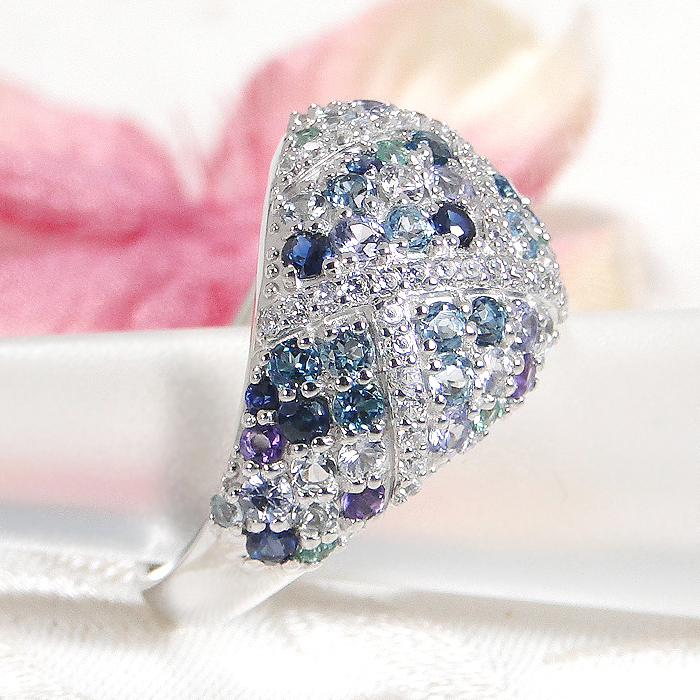 指輪 プラチナ リング PT900 ダイヤモンド 0.3ct パヴェ マルチカラー 青系 レディース ゴージャス ボリューム 幅広 贅沢 Pave ステンドグラス ジュエリー 【f295-b-pt】 
