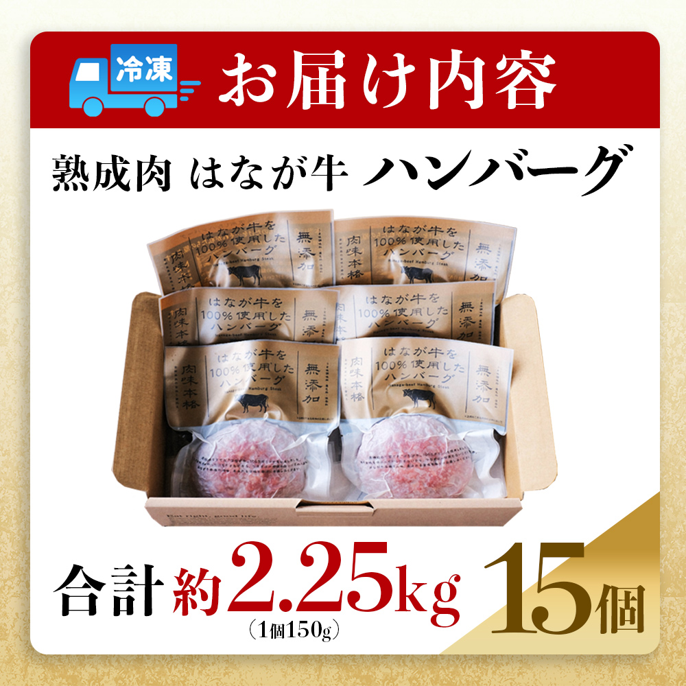 ＜熟成肉 はなが牛ハンバーグ 15個（1個150g）＞ 肉 お肉 牛肉 牛 ビーフ 牛100％ 肉加工品 お惣菜 洋食 おかず 弁当 ランチ ディナー 国産 小分け 個包装 簡単調理 特産品 ゆうぼく