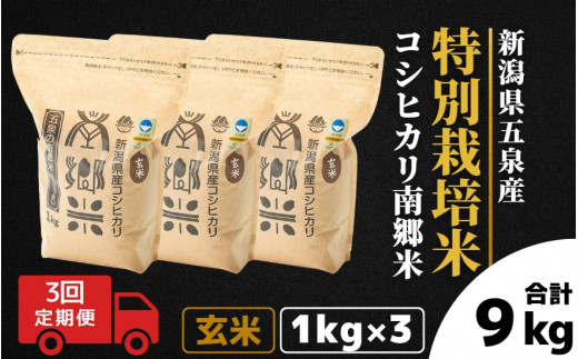 
            令和7年産 新米 【 定期便 3ヶ月 】 玄米 3kg ( 1kg × 3袋 ) × 3回 五泉産 コシヒカリ 南郷米 特別栽培米 | げんまい こしひかり お米 おこめ コメ こめ 新潟県 五泉市 ファームみなみの郷
          