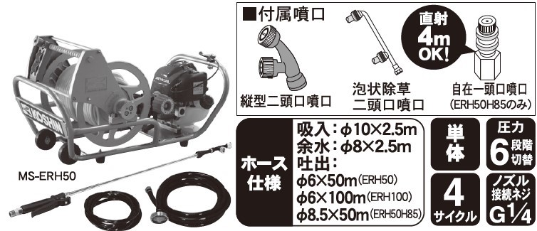 エンジン式50Lタンク動噴 MS-ERH50T 6mm×50mホース 農業・園芸用 高木の消毒や除草用、移動が便利なタンクキャリー1体型噴霧機 [0834]_イメージ2