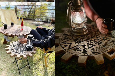 【ウォルナット】サイドテーブル シグナム（1台）（幅 430mm×奥行 430mm×高さ 380mm）机 テーブル 彫刻 キャンプ 軽量 天然木【GGCrew】【93-2【1】】