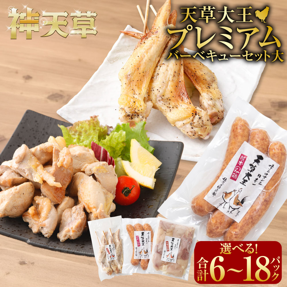 【ふるさと納税】【選べる内容量】天草大王 プレミアム バーベキューセット大 【合計6パック / 合計12パック / 合計18パック】 地鶏 鶏肉 セット 熊本県 上天草産 串セット 焼鳥 手羽先 串 大手羽先串 ウインナー コロコロカット 上天草市 送料無料