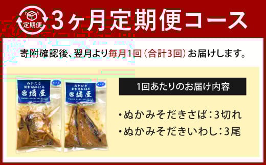 【定期便3ヶ月】【訳あり】ぬかみそだき さば （3切れ） いわし （3尾）セット