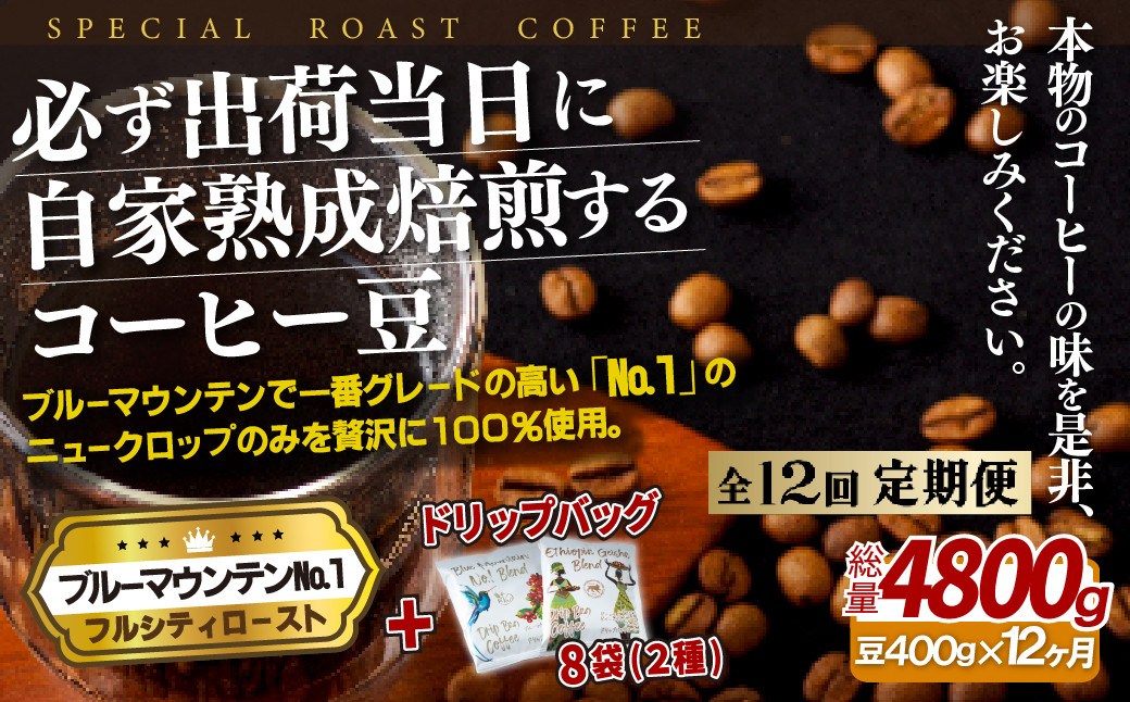 
                  E274d 《定期便》必ず出荷日に自家熟成焙煎ブルーマウンテンNo.1豆(400g)＋ドリップバッグ8パック【12回お届け】【SASEBO Coffee TOMINAGA】人気 新鮮 挽きたて 高級コーヒー 本格 希少 簡単 
                