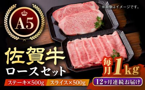 【全12回定期便】佐賀牛 ロース ステーキ・スライス定期（ステーキ 250g×2・スライス 500g）【肉の三栄】 [HAA050]