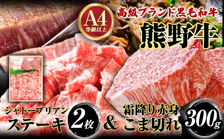 熊野牛A4以上 ヒレシャトーブリアンステーキ 200g(100g×2枚) & 霜降り赤身こま切れ300g 株式会社魚鶴商店《30日以内に出荷予定(土日祝除く)》 和歌山県 日高町 熊野牛 黒毛和牛 A4等級以上 霜降り 肩ロース---wsh_futshssk_30d_23_42000_500g---