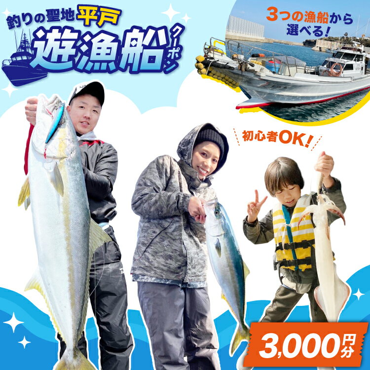 【ふるさと納税】 釣り船 遊漁船 クーポン 3000円分[南部遊漁船組合 長崎県 平戸市 hr42bjw920000] ジギング エギング ルアー 初心者歓迎 釣り フィッシング 船釣り 体験 レジャー 船 魚 つり さかな チケット 観光
