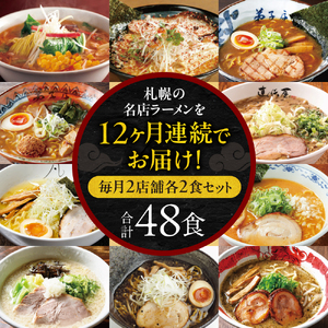 札幌ラーメン満喫セット　【12回定期便】　毎月2店舗（４食分）×　12ヶ月　合計48食　北海道　ラーメン